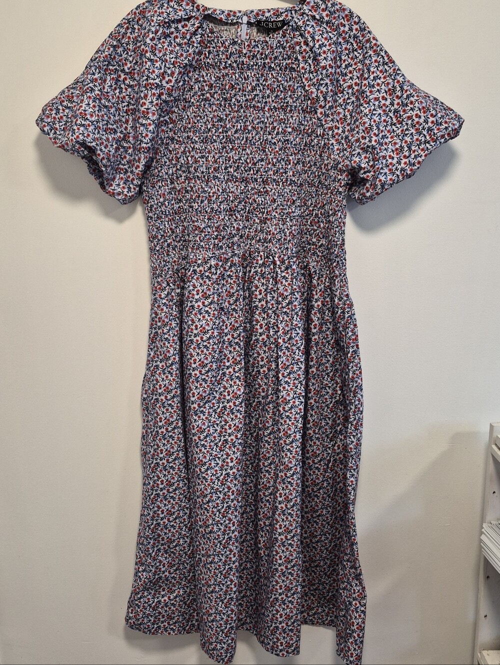 J. Crew Meadow Midi Dress Cotton Poplin Floral Smocked Puff Sleeves Size XL - Picture 3 of 14